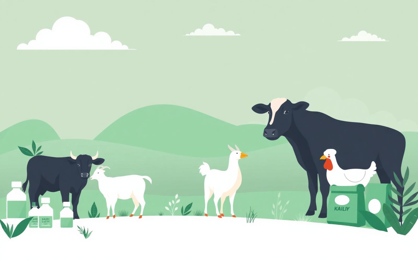 Illustration of cattle, buffalo, goat and poultry with veterinary medicines and feed bags